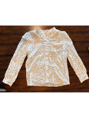 Peace N Love Cotton Boho Peasant Blouse S/M White Blue Floral Lace Cottagecore